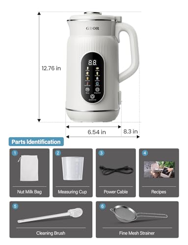 GDOR 42oz Smart Nut Milk Maker, 9-in-1 Plant Milk Machine for Almond, Oat, Soy, Juice & Smoothie, Large Touch Display Blender with Keep Warm, Boil Water, 12H Delay and Self-Cleaning