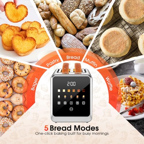 2 Slice Toaster with Touch Screen, 1.5" Wide Slot for Bagels, Smart Digital