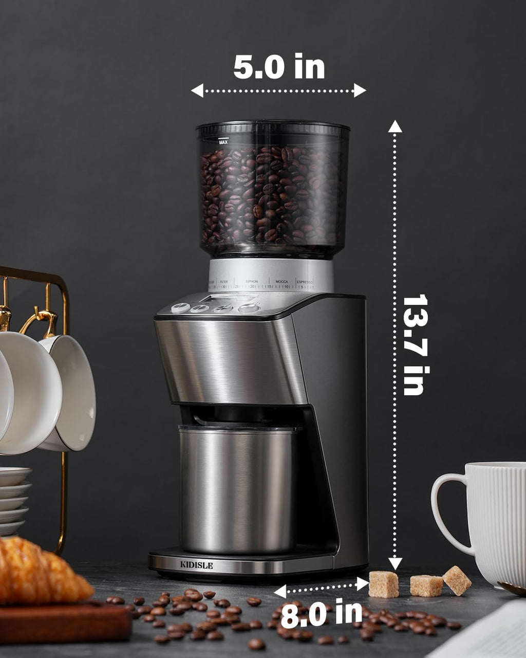 KIDISLE Conical Burr Coffee Grinder Electric, Espresso Grinder for Home Use, Burr Mill with 51 Grind Settings, Precision Electronic Timer, Stainless Steel Container