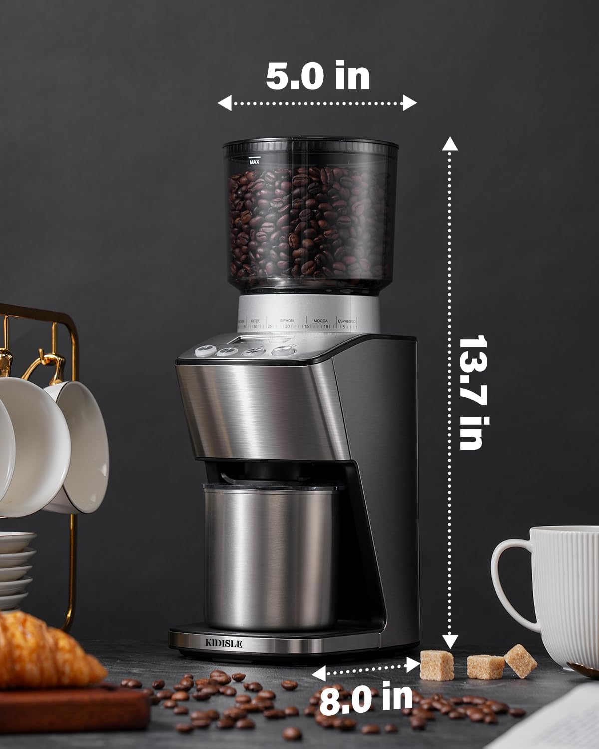 KIDISLE Conical Burr Coffee Grinder Electric, Espresso Grinder for Home Use, Burr Mill with 51 Grind Settings, Precision Electronic Timer, Stainless Steel Container
