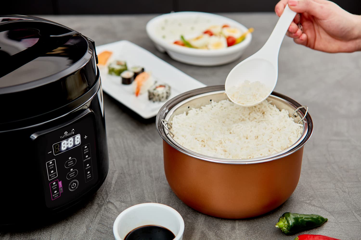 Yum Asia Kumo YumCarb Rice Cooker with Ceramic Bowl and Advanced Fuzzy Logic, (5.5 Cups, 1 Litre), 5 Rice Cooking Functions, 3 Multicooker Functions, 120V US Power