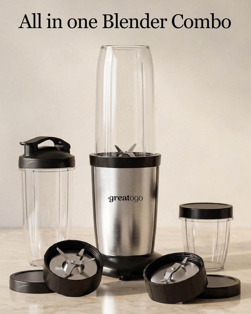 Greatogo Personal Bullet Blender for Smoothies and Shakes, Kitchen Portable Compact Smoothie Maker with 2×24oz To-Go Cups, 10oz Grinding Cup for Frozen Drinks, Small Ice, and Spices