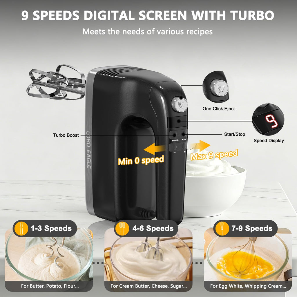 Lord Eagle 9-Speed Digital Hand Mixer Electric Handheld, 500W DC Motor Kitchen Mixer for Cake Baking, Lightweight Egg Beaters with Stain-resistant & Waterproof Storage Bag & 6 Accessories