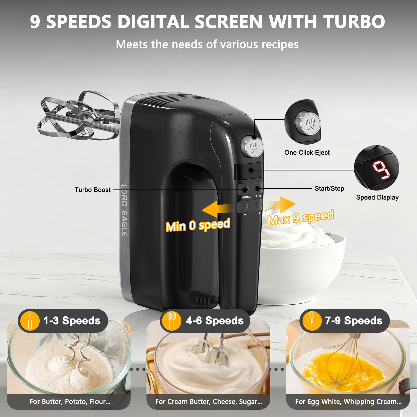 Lord Eagle 9-Speed Digital Hand Mixer Electric Handheld, 500W DC Motor Kitchen Mixer for Cake Baking, Lightweight Egg Beaters with Stain-resistant & Waterproof Storage Bag & 6 Accessories
