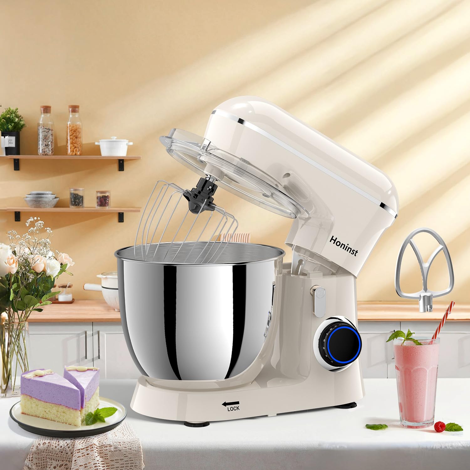 Honinst Stand Mixer, 6.5QT 10-Speed Tilt-Head Electric Stand Mixer, 3-In-1 Kitchen Mixer with Bowl, Dough Hook, Whisk and Beater, Food Mixer for Baking, Cake and Most Home Cooks,