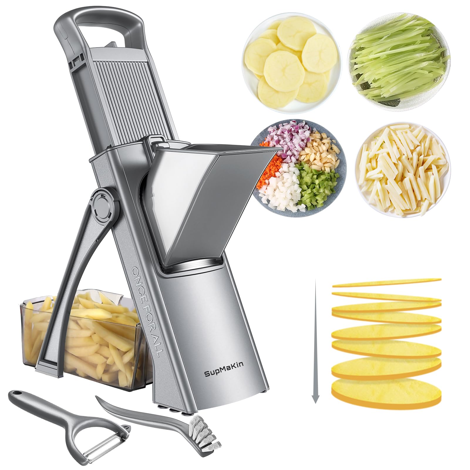 SupMaKin Safe Mandoline Slicer for Kitchen,Pptato Slicer, Vegetable Onion Chopper, French Fry Cutter, Adjustable Thickness, Julienne & Dicer Salad Chopping Artifact
