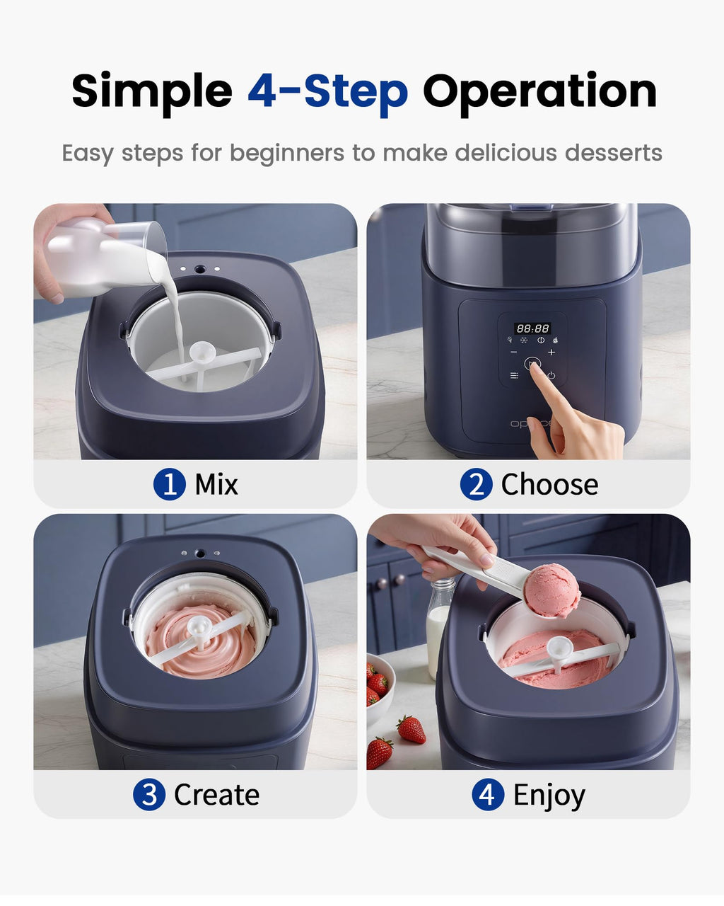 Oplace 4-in-1 Compressor Ice Cream Maker, 1-Quart