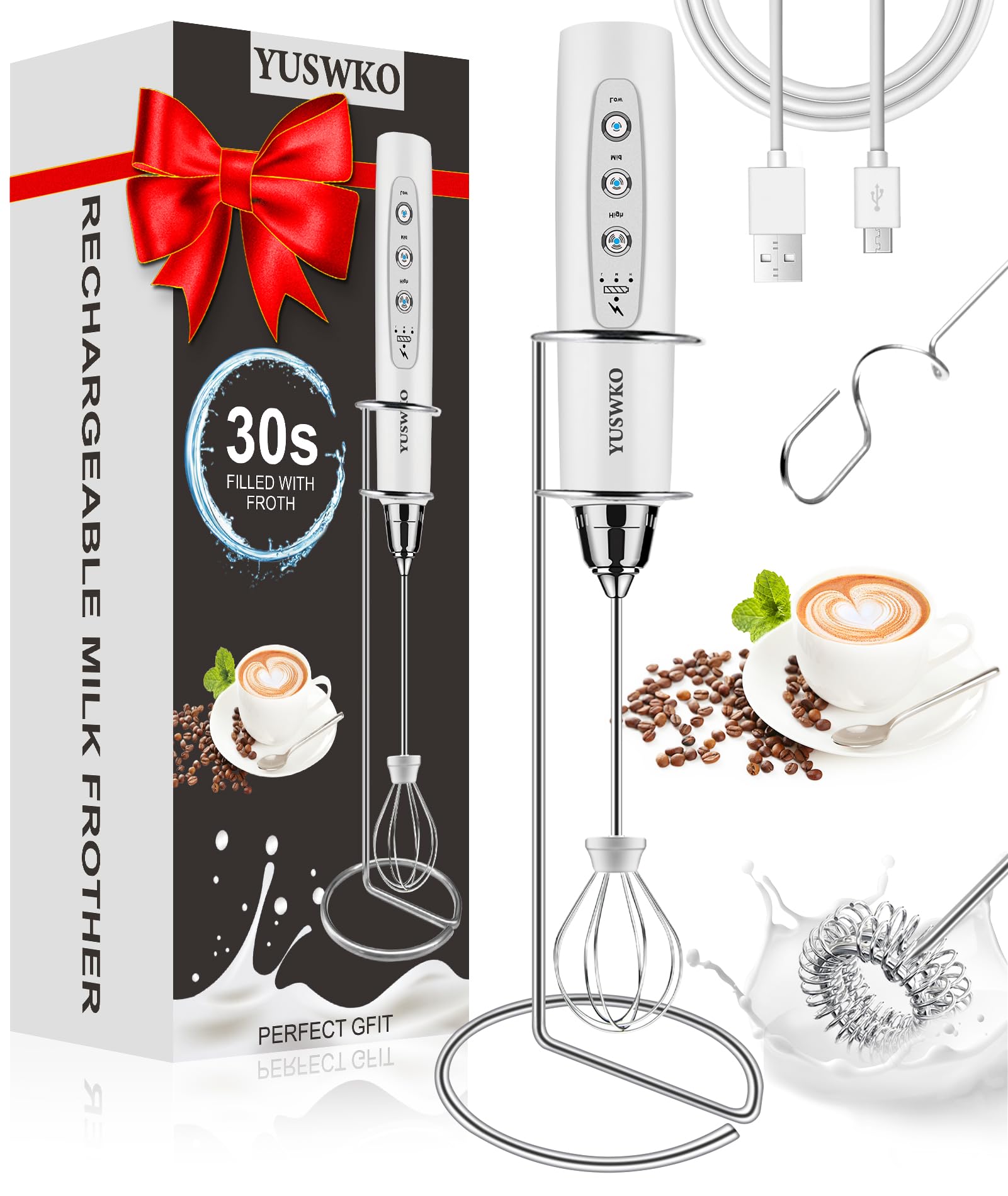 YUSWKO Rechargeable Handheld Milk Frother Wand for Coffee