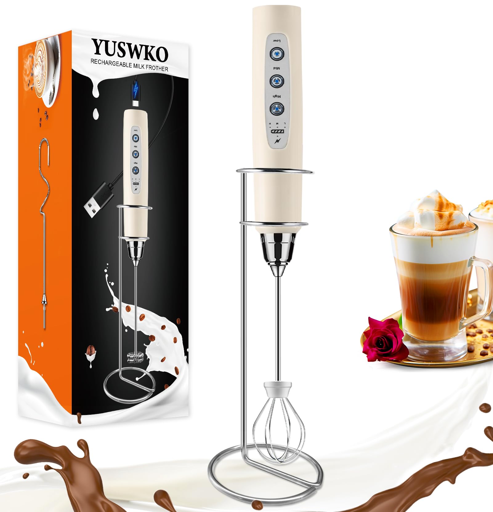 YUSWKO Rechargeable Handheld Milk Frother Wand for Coffee