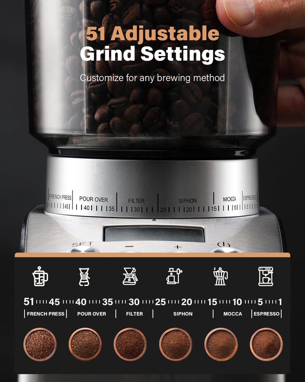 KIDISLE Conical Burr Coffee Grinder Electric, Espresso Grinder for Home Use, Burr Mill with 51 Grind Settings, Precision Electronic Timer, Stainless Steel Container