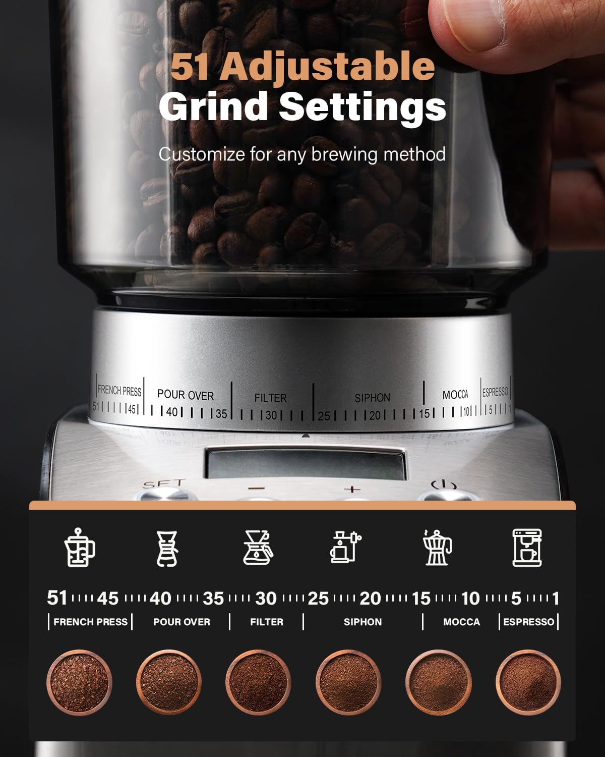 KIDISLE Conical Burr Coffee Grinder Electric, Espresso Grinder for Home Use, Burr Mill with 51 Grind Settings, Precision Electronic Timer, Stainless Steel Container