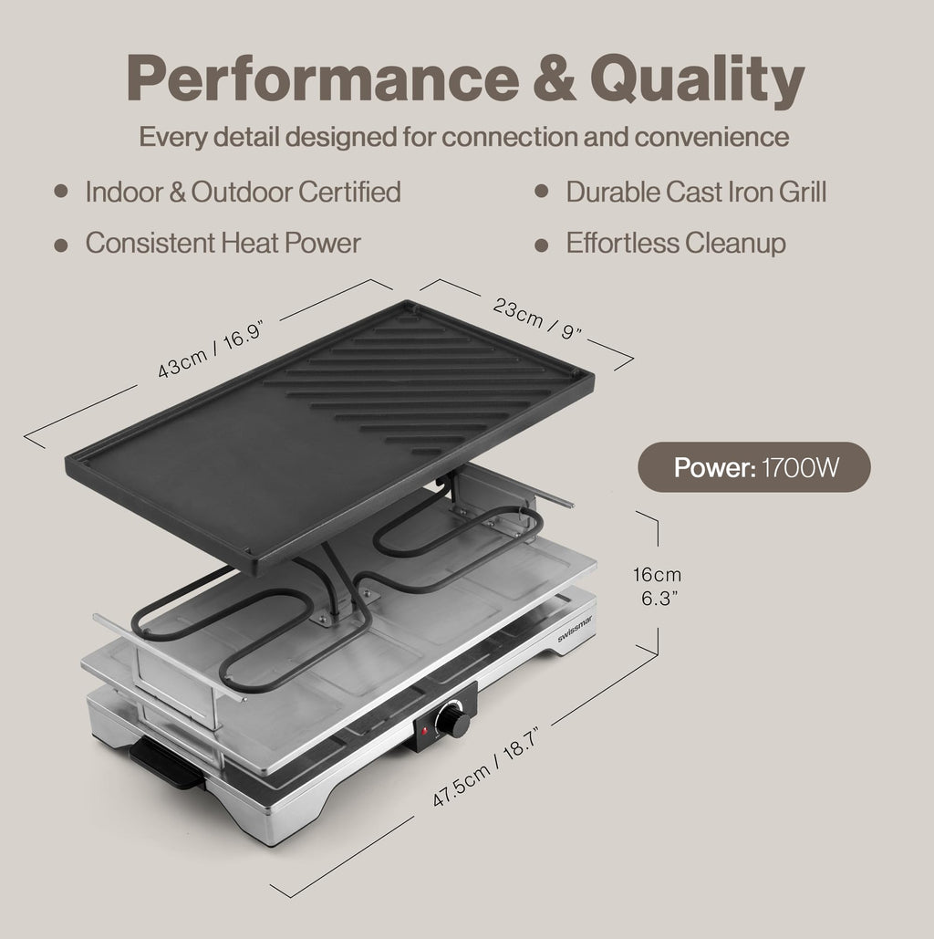 Swissmar Verso Indoor & Outdoor Raclette Grill with Cast Iron Reversible Griddle / Grill Top - 1700W Electric Raclette Set with PFAS-Free Nonstick Dishes, Variable Heat Control, 8-Person