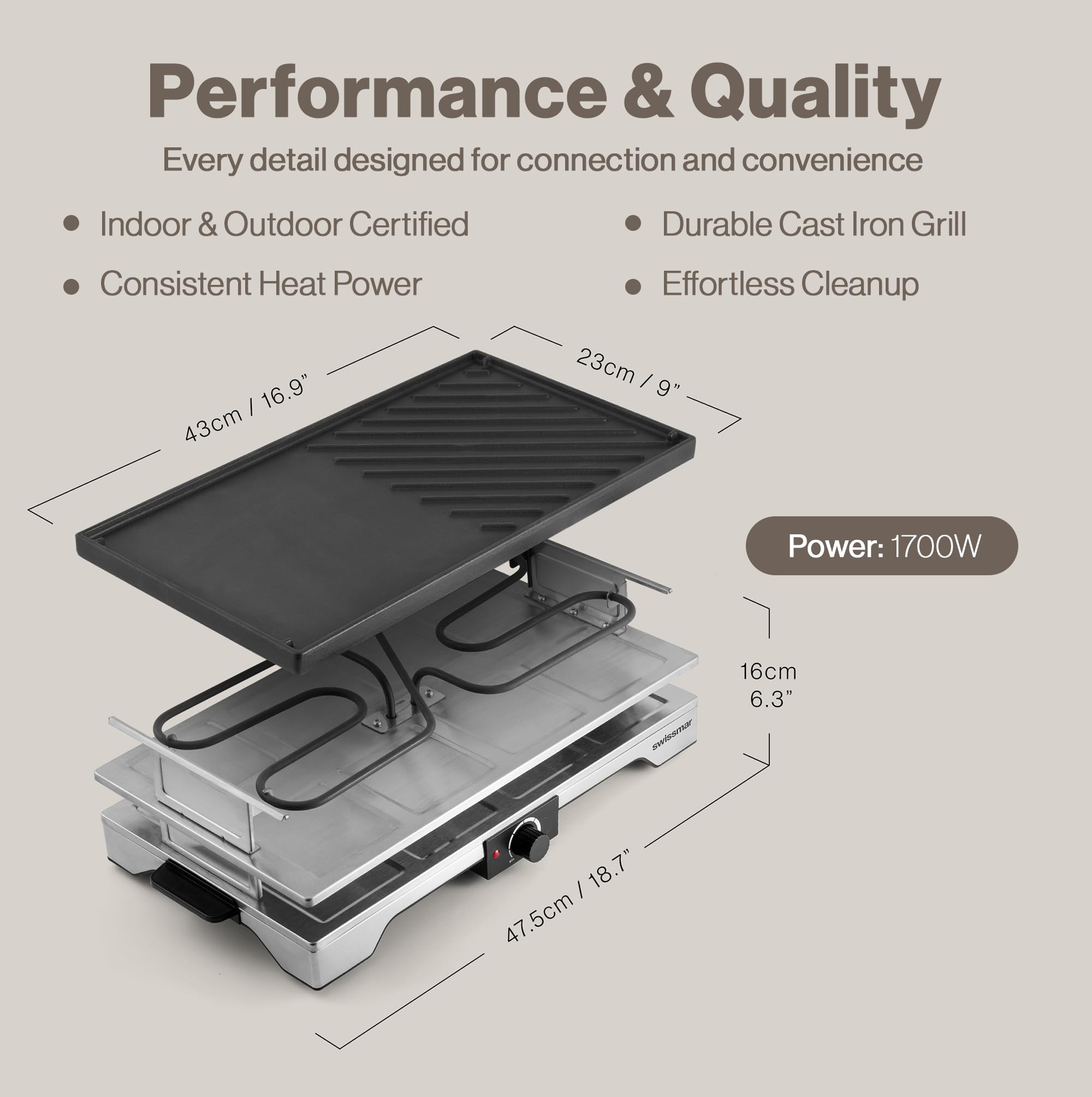 Swissmar Verso Indoor & Outdoor Raclette Grill with Cast Iron Reversible Griddle / Grill Top - 1700W Electric Raclette Set with PFAS-Free Nonstick Dishes, Variable Heat Control, 8-Person