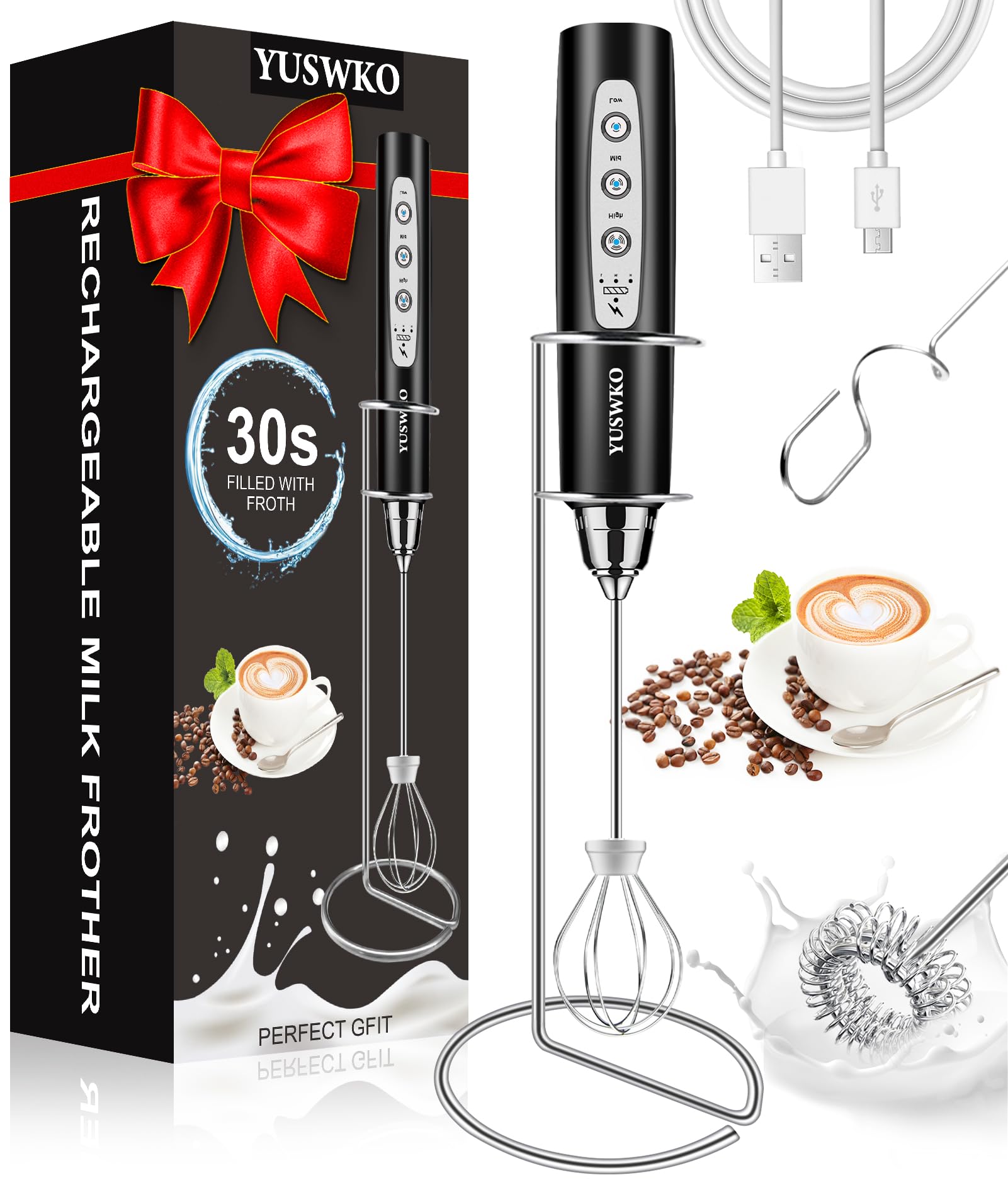 YUSWKO Rechargeable Handheld Milk Frother Wand for Coffee