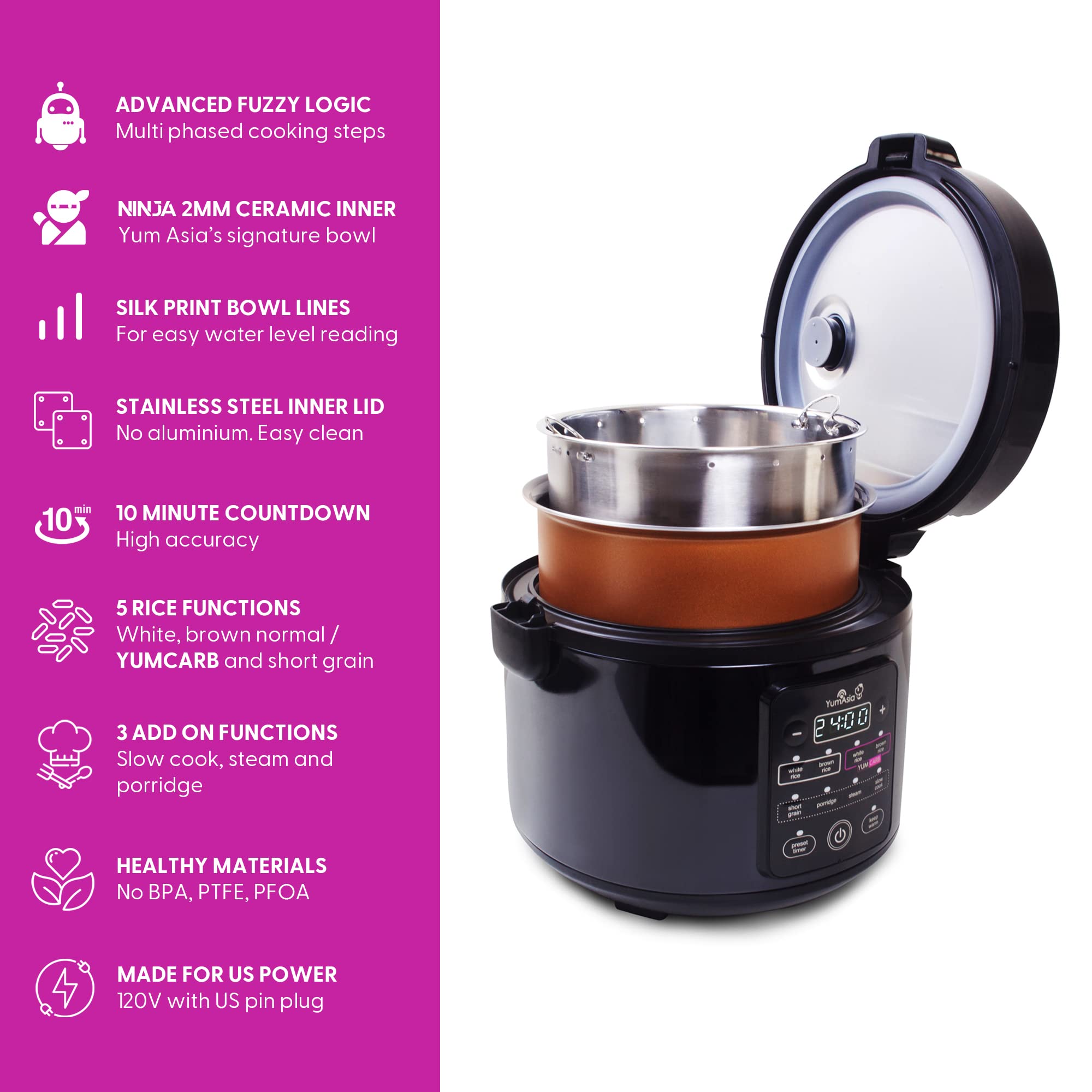 Yum Asia Kumo YumCarb Rice Cooker with Ceramic Bowl and Advanced Fuzzy Logic, (5.5 Cups, 1 Litre), 5 Rice Cooking Functions, 3 Multicooker Functions, 120V US Power