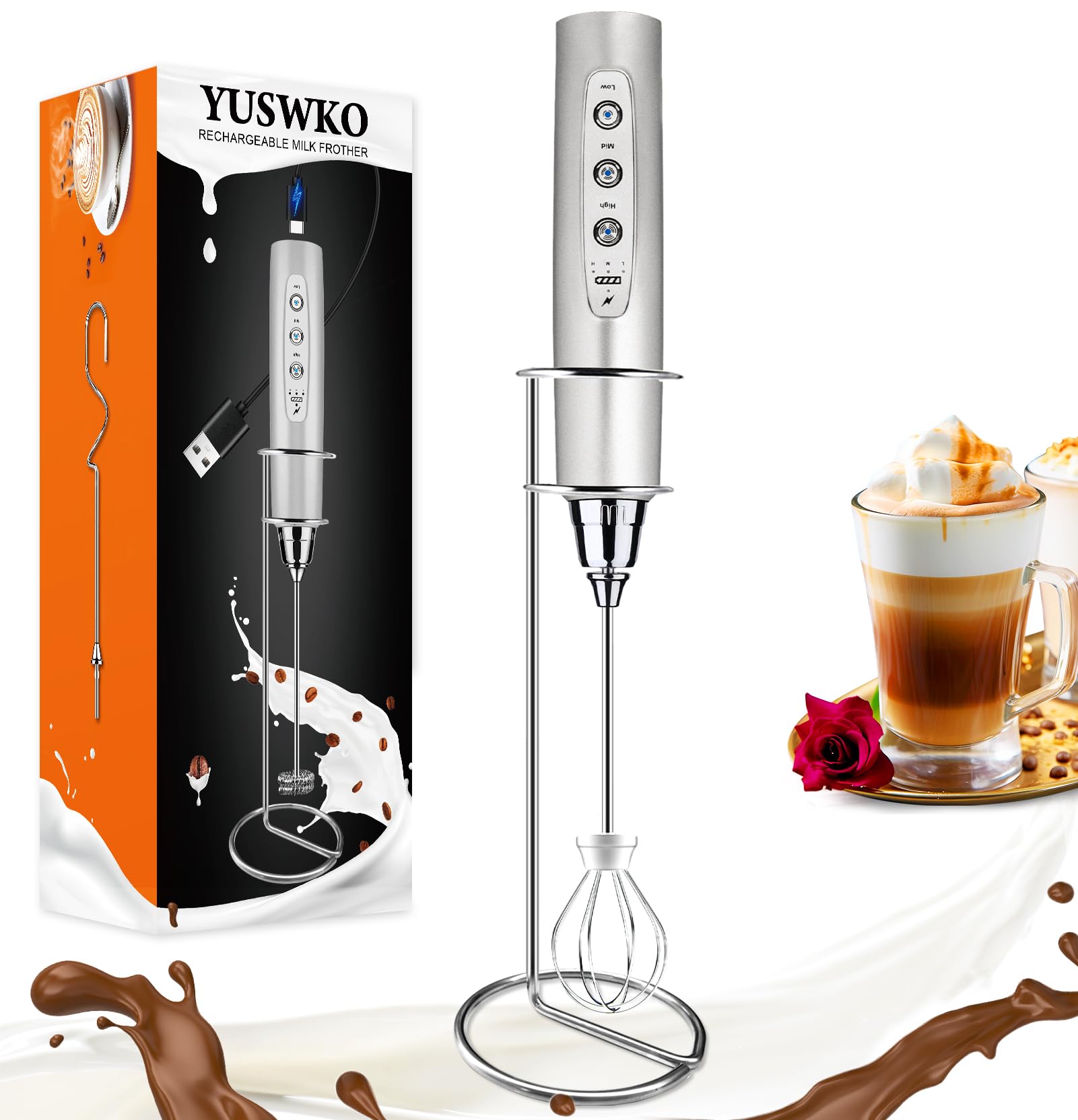 YUSWKO Rechargeable Handheld Milk Frother Wand for Coffee
