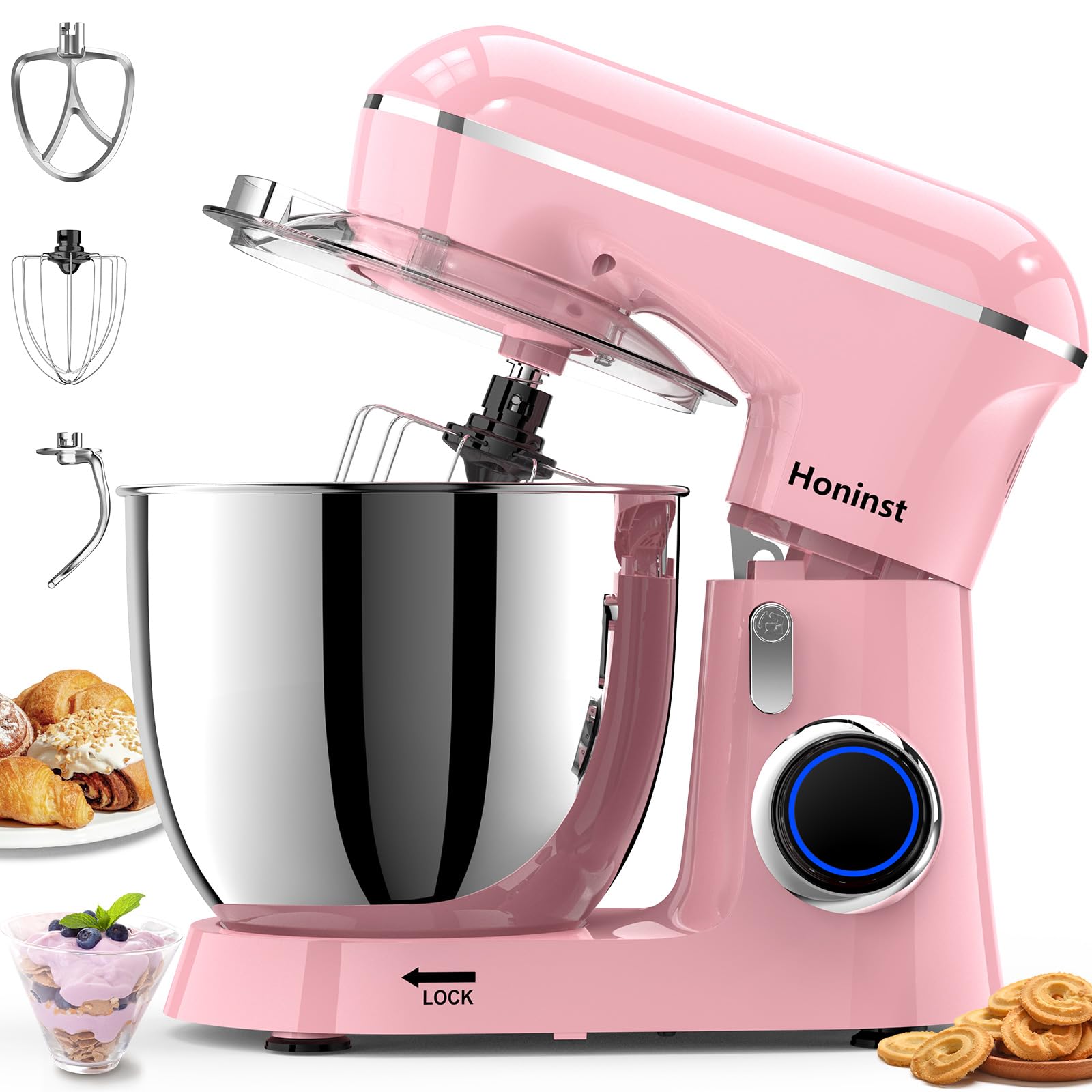 Honinst Stand Mixer, 6.5QT 10-Speed Tilt-Head Electric Stand Mixer, 3-In-1 Kitchen Mixer with Bowl, Dough Hook, Whisk and Beater, Food Mixer for Baking, Cake and Most Home Cooks,