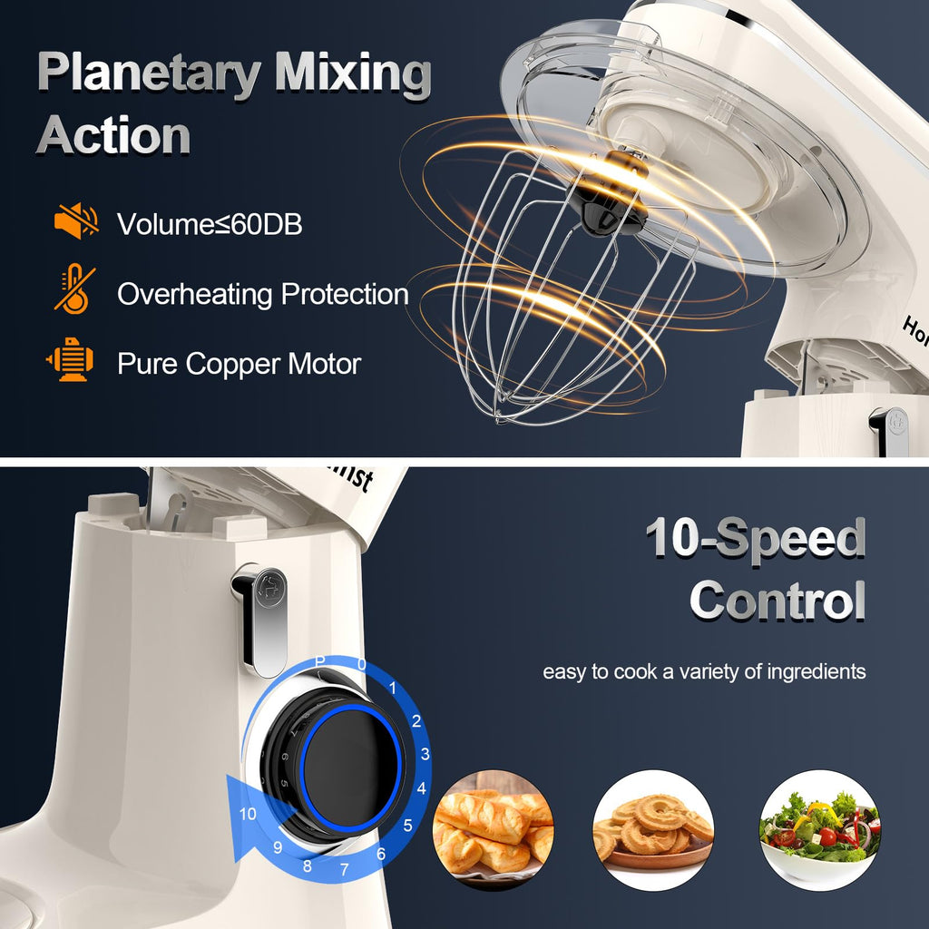 Honinst Stand Mixer, 6.5QT 10-Speed Tilt-Head Electric Stand Mixer, 3-In-1 Kitchen Mixer with Bowl, Dough Hook, Whisk and Beater, Food Mixer for Baking, Cake and Most Home Cooks,