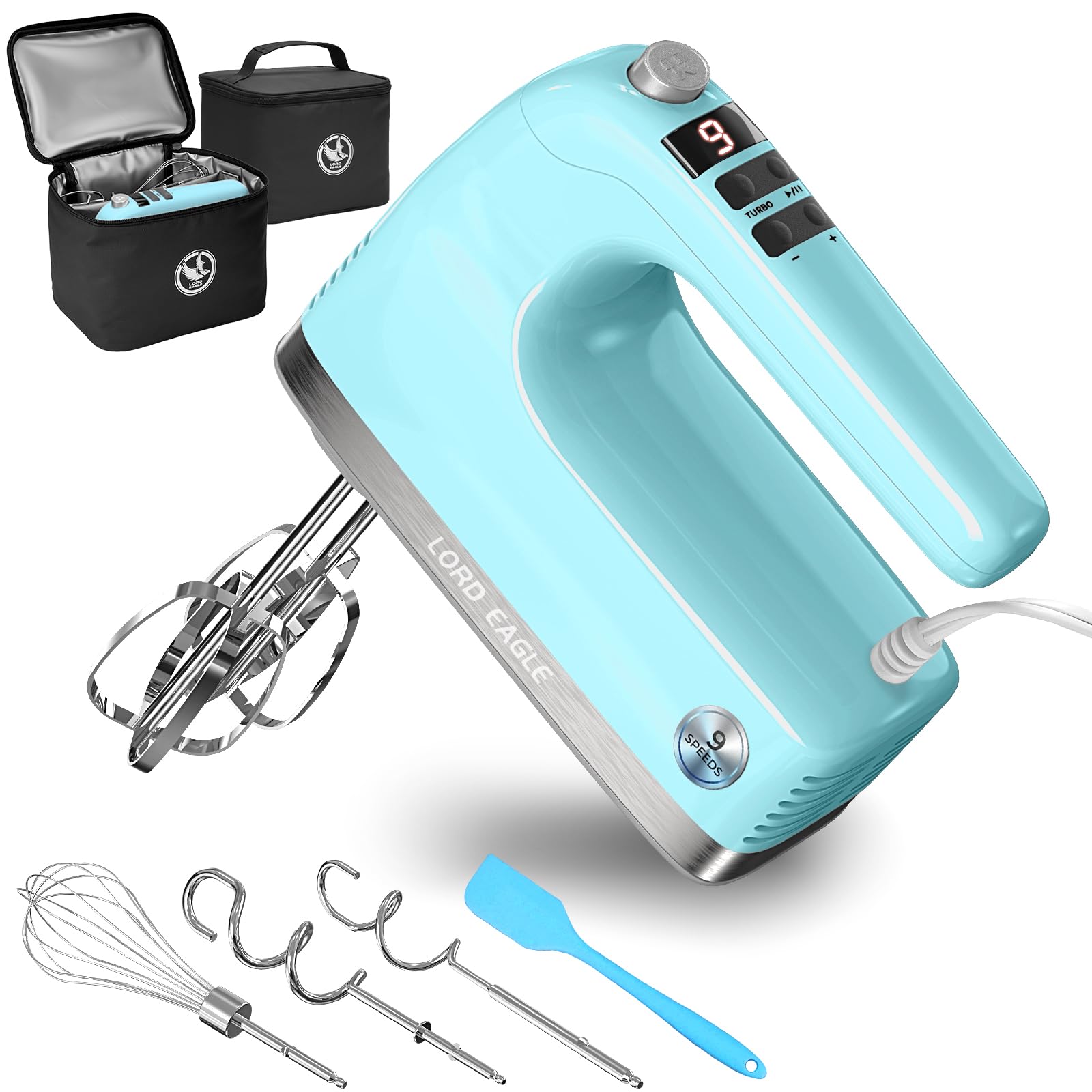 Lord Eagle 9-Speed Digital Hand Mixer Electric Handheld, 500W DC Motor Kitchen Mixer for Cake Baking, Lightweight Egg Beaters with Stain-resistant & Waterproof Storage Bag & 6 Accessories