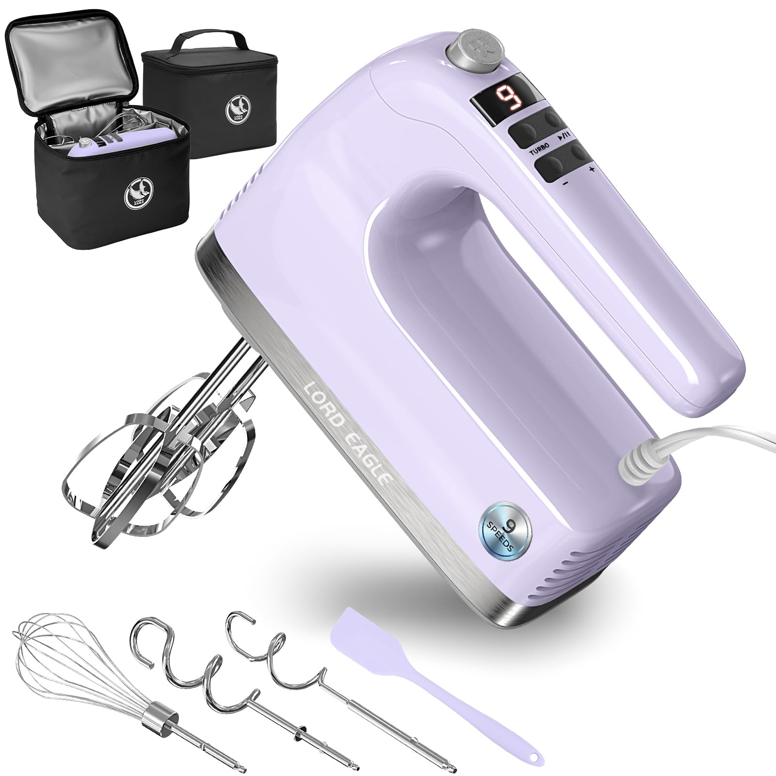 Lord Eagle 9-Speed Digital Hand Mixer Electric Handheld, 500W DC Motor Kitchen Mixer for Cake Baking, Lightweight Egg Beaters with Stain-resistant & Waterproof Storage Bag & 6 Accessories