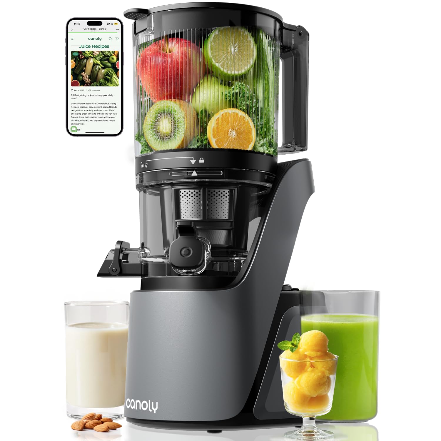 Canoly C16 Cold Press Juicer, 6" Extra Wide Feed Chute, 3-IN-1 Strainers (Juice & Sorbet & Nut Milk), Powerful AC Brushless Motor, Self Precut System, Juicer Machines with BPA-Free