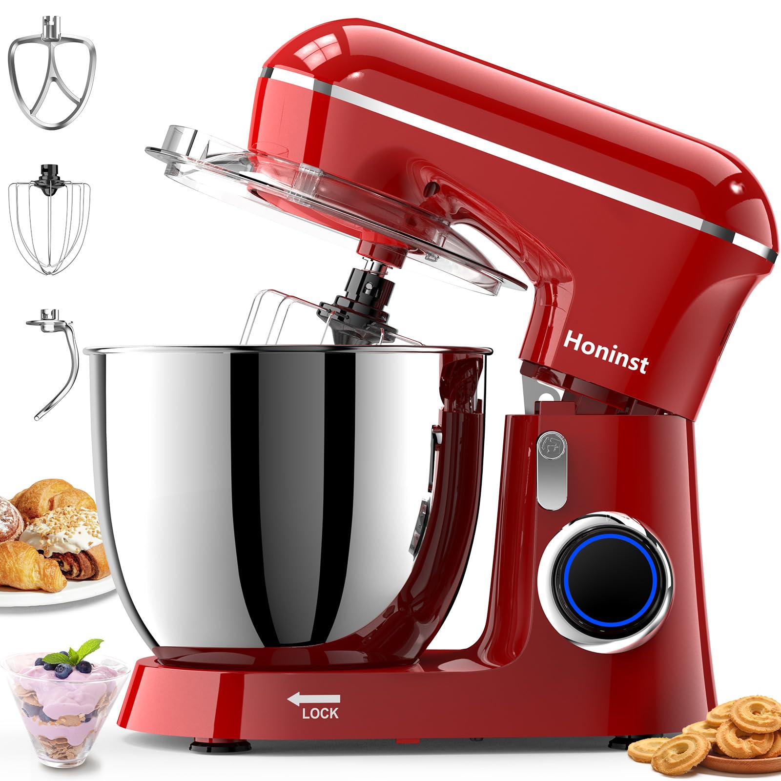 Honinst Stand Mixer, 6.5QT 10-Speed Tilt-Head Electric Stand Mixer, 3-In-1 Kitchen Mixer with Bowl, Dough Hook, Whisk and Beater, Food Mixer for Baking, Cake and Most Home Cooks,