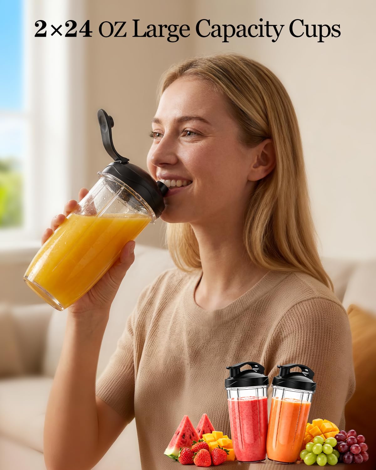 Greatogo Personal Bullet Blender for Smoothies and Shakes, Kitchen Portable Compact Smoothie Maker with 2×24oz To-Go Cups, 10oz Grinding Cup for Frozen Drinks, Small Ice, and Spices