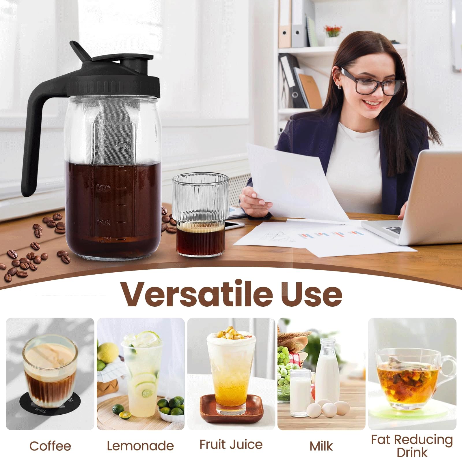 QHH Cold Brew Coffee Maker, 64 oz Mason Jar Pitcher with Stainless Steel Filter, Pour Spout Handle Lid, Airtight & Leak-Proof for Iced Coffee,Tea & Lemonade