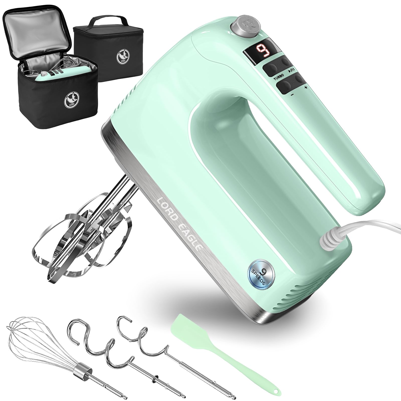 Lord Eagle 9-Speed Digital Hand Mixer Electric Handheld, 500W DC Motor Kitchen Mixer for Cake Baking, Lightweight Egg Beaters with Stain-resistant & Waterproof Storage Bag & 6 Accessories