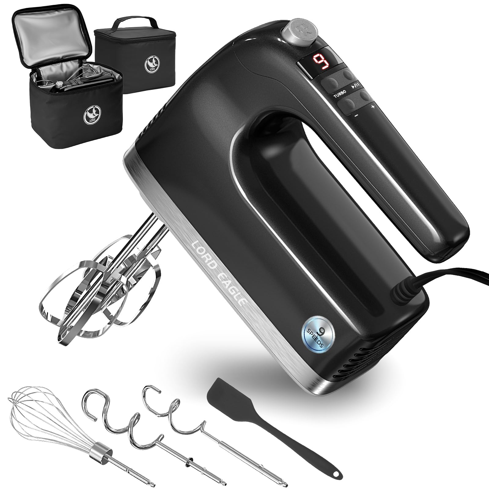 Lord Eagle 9-Speed Digital Hand Mixer Electric Handheld, 500W DC Motor Kitchen Mixer for Cake Baking, Lightweight Egg Beaters with Stain-resistant & Waterproof Storage Bag & 6 Accessories