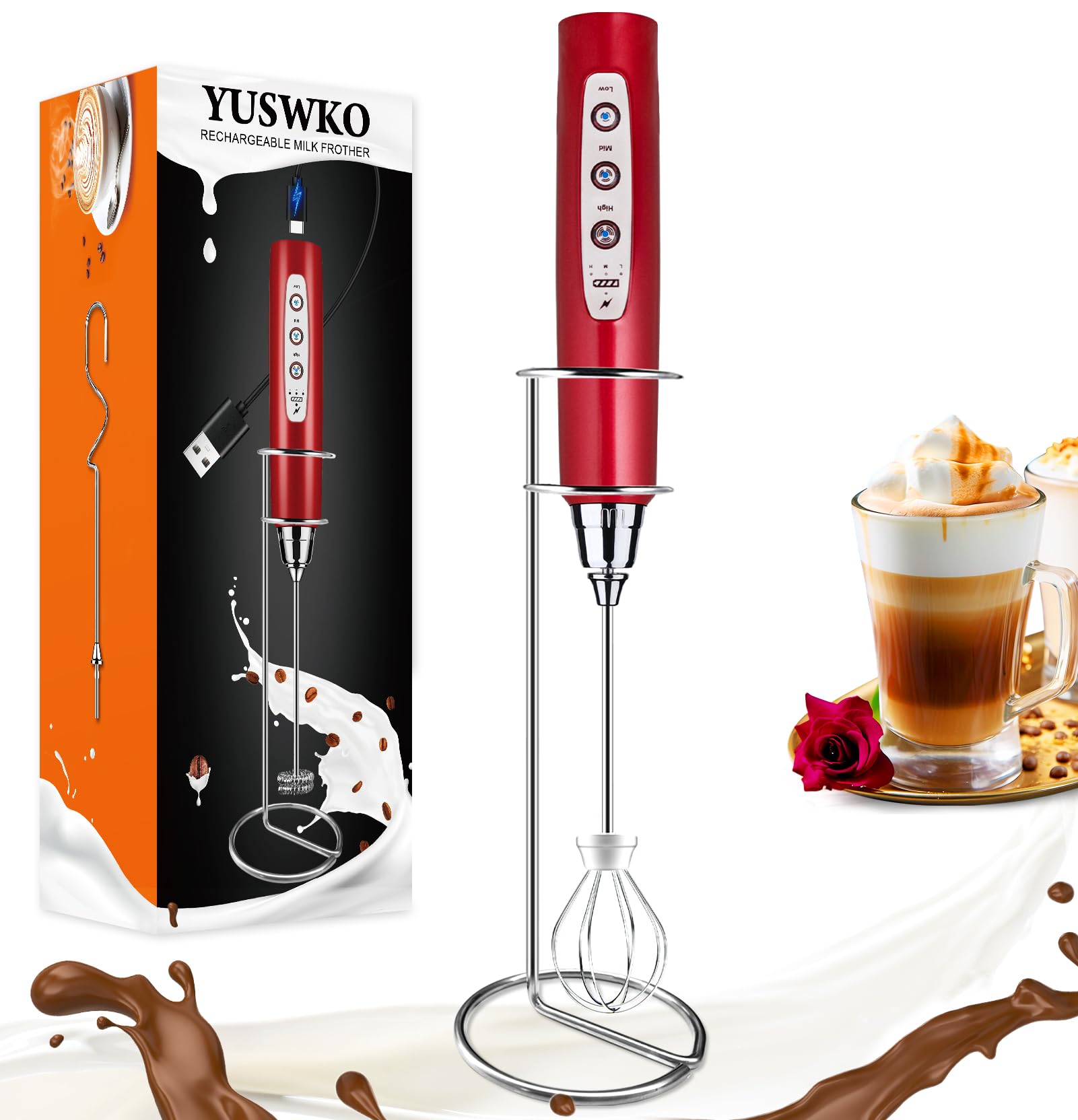 YUSWKO Rechargeable Handheld Milk Frother Wand for Coffee