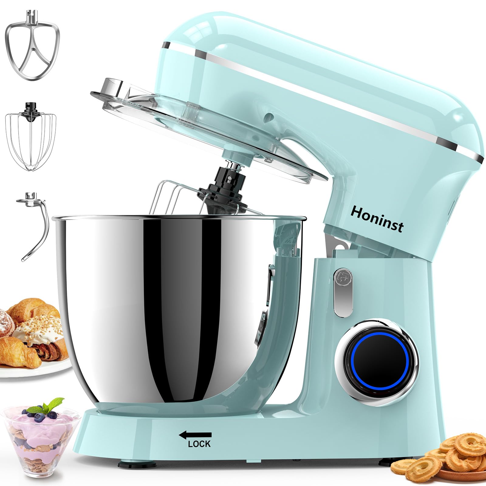 Honinst Stand Mixer, 6.5QT 10-Speed Tilt-Head Electric Stand Mixer, 3-In-1 Kitchen Mixer with Bowl, Dough Hook, Whisk and Beater, Food Mixer for Baking, Cake and Most Home Cooks,