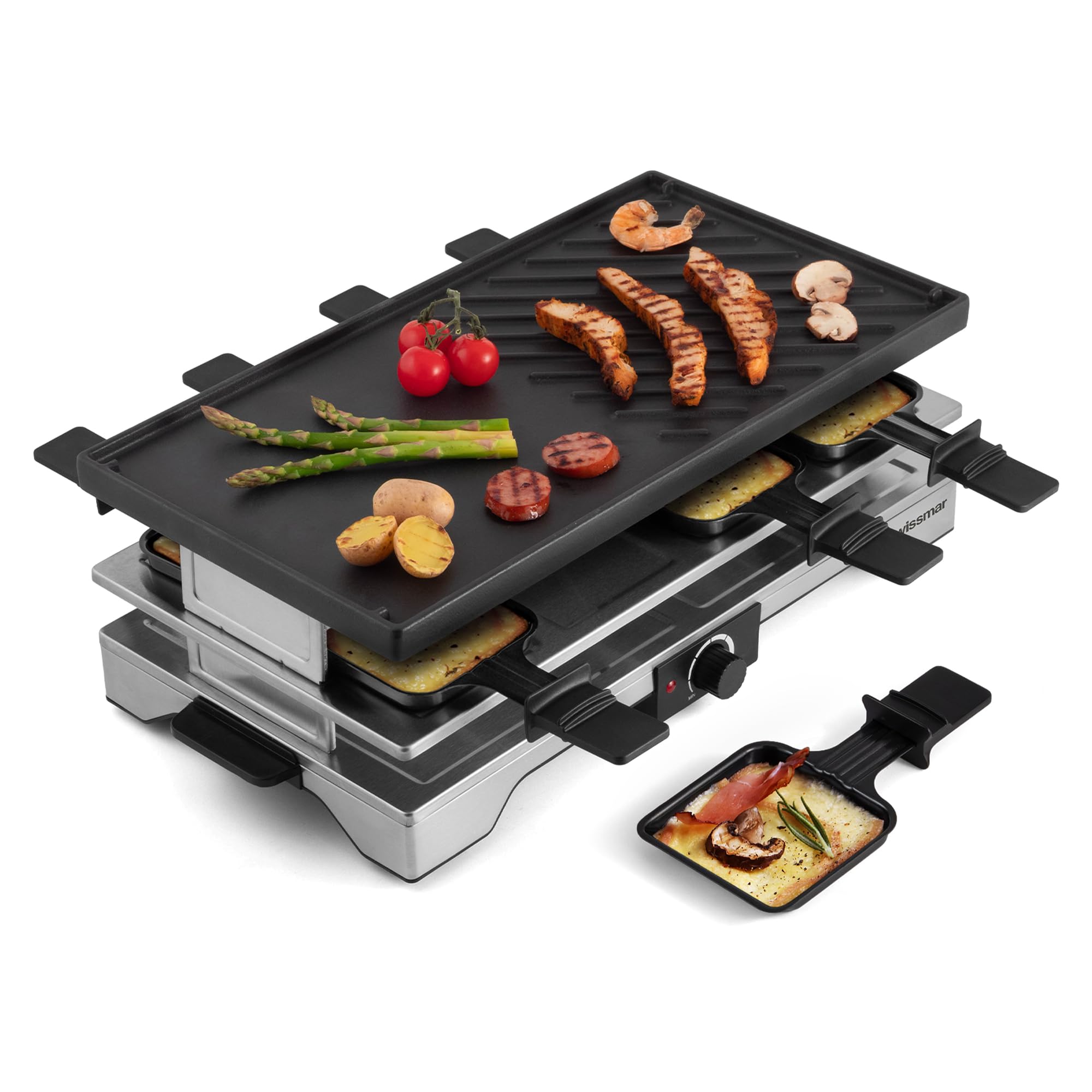 Swissmar Verso Indoor & Outdoor Raclette Grill with Cast Iron Reversible Griddle / Grill Top - 1700W Electric Raclette Set with PFAS-Free Nonstick Dishes, Variable Heat Control, 8-Person