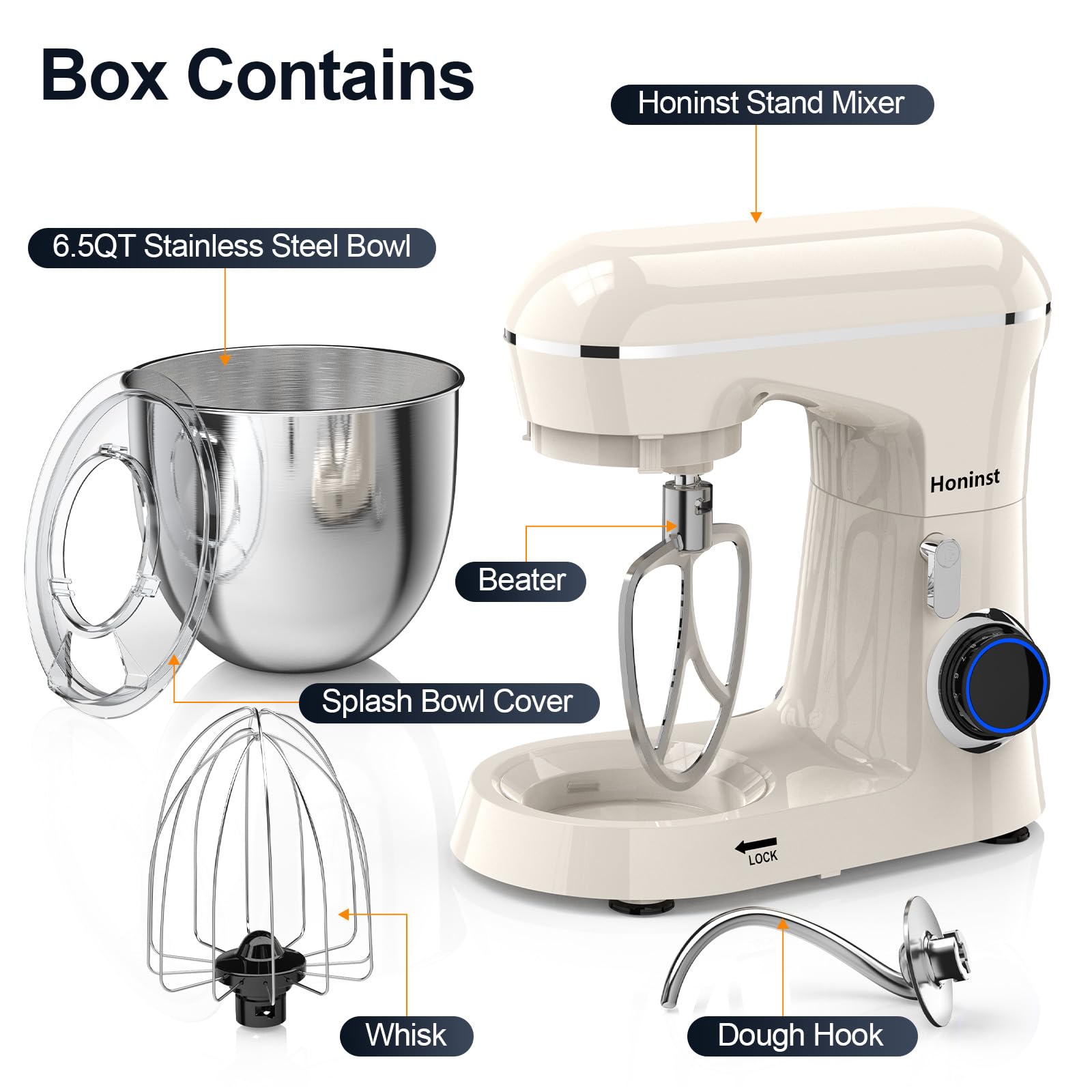 Honinst Stand Mixer, 6.5QT 10-Speed Tilt-Head Electric Stand Mixer, 3-In-1 Kitchen Mixer with Bowl, Dough Hook, Whisk and Beater, Food Mixer for Baking, Cake and Most Home Cooks,