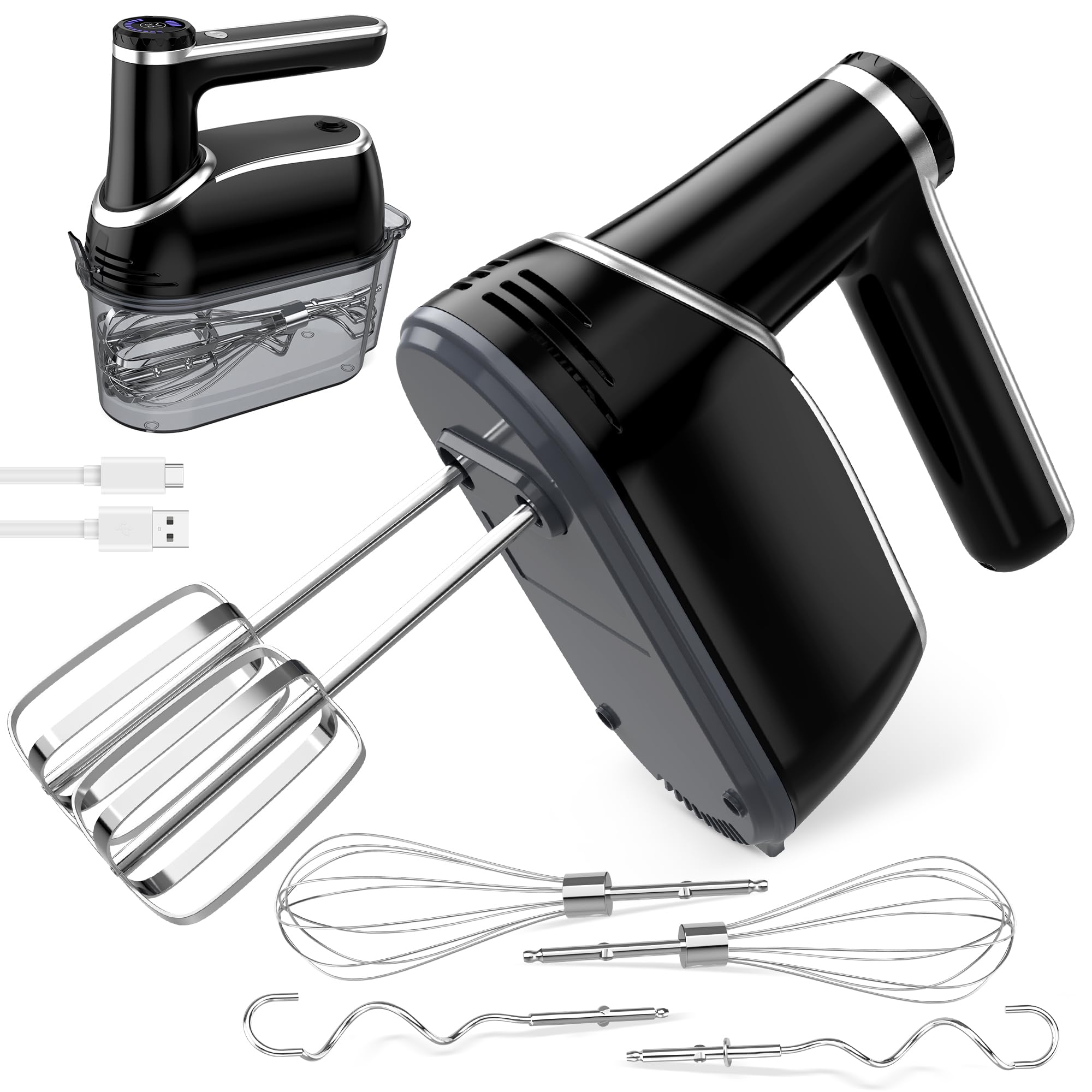 Cordless Hand Mixer, Rechargeable Electric Handheld Mixer with 6 x 304 Stainless Steel Attachments (2 Whisks, 2 Beaters, 2 Dough Hooks) & Storage Case, for Baking, Eggs, Cakes