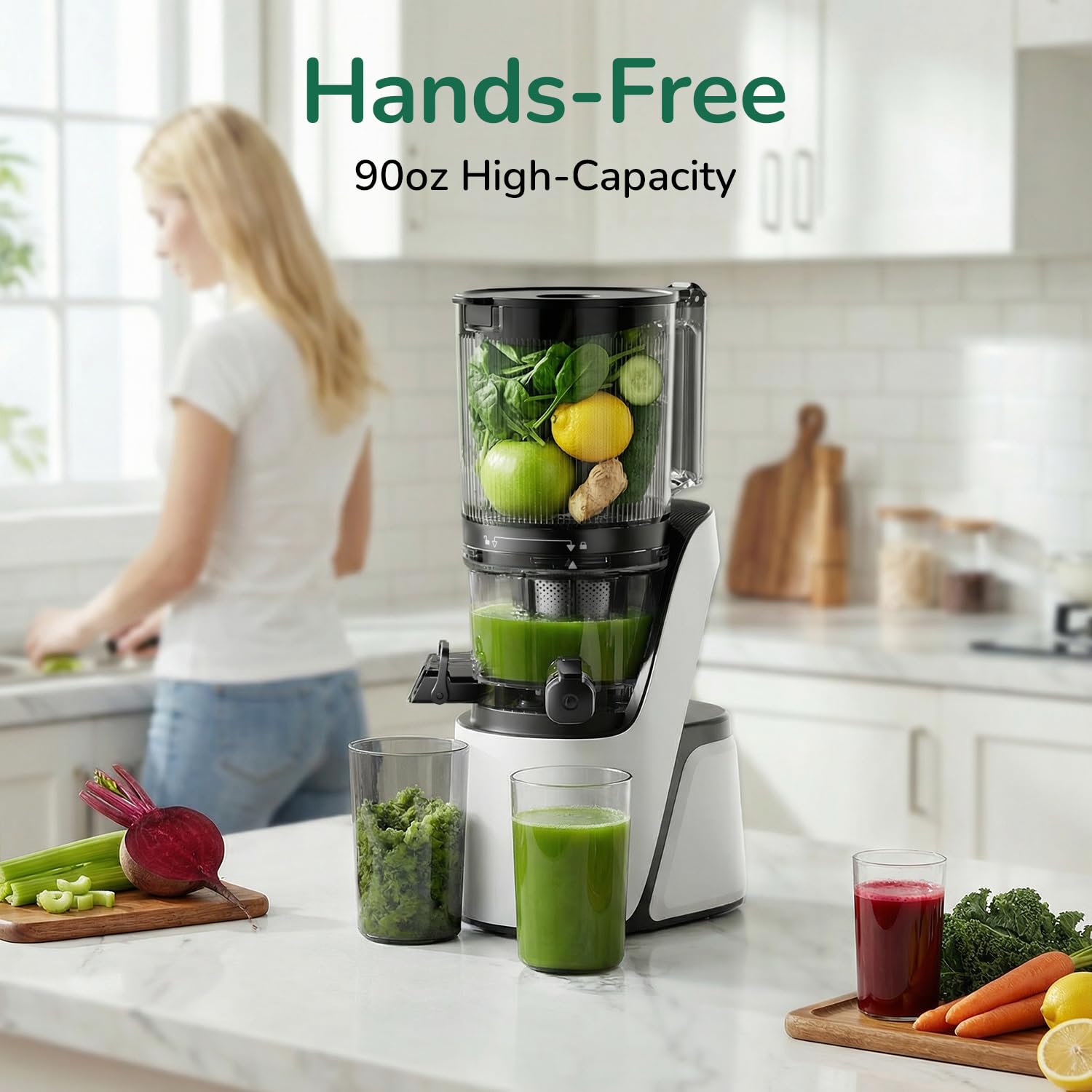 Canoly C16 Cold Press Juicer, 6" Extra Wide Feed Chute, 3-IN-1 Strainers (Juice & Sorbet & Nut Milk), Powerful AC Brushless Motor, Self Precut System, Juicer Machines with BPA-Free