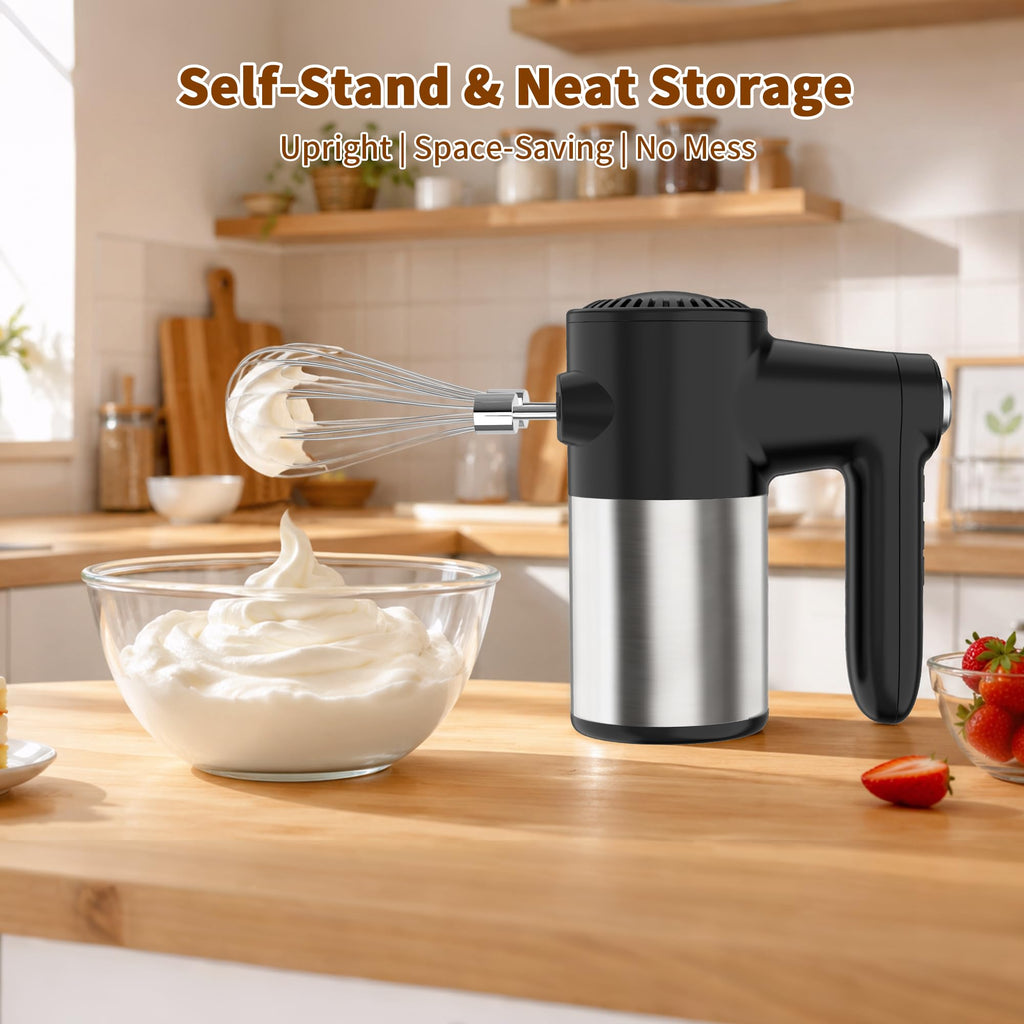 Cordless Hand Mixer, Rechargeable Electric Handheld Mixer with 6 x 304 Stainless Steel Attachments (2 Whisks, 2 Beaters, 2 Dough Hooks) & Storage Case, for Baking, Eggs, Cakes