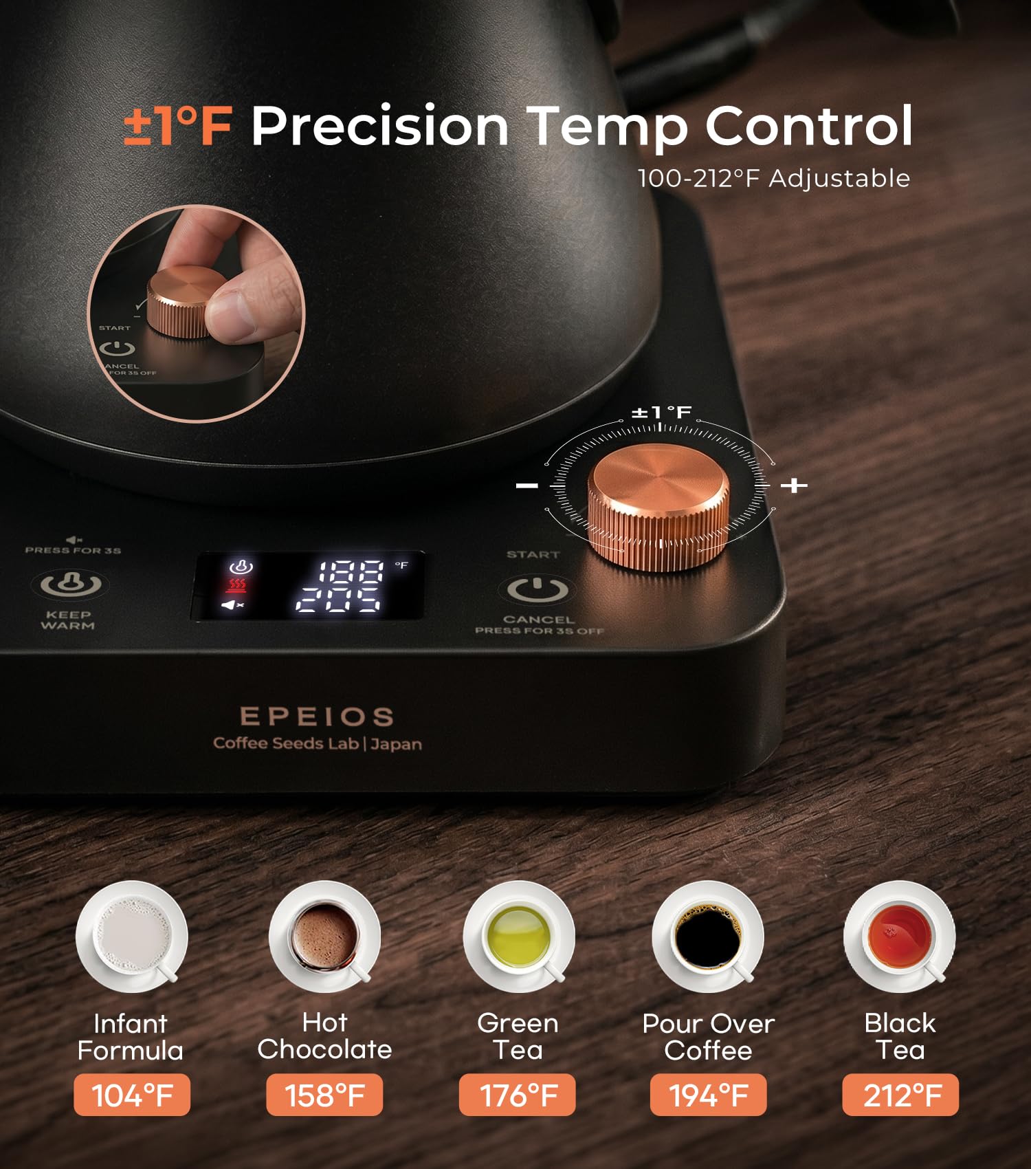Epeios Electric Kettle, Gooseneck Electric Kettle with ±1°F Temperature Control, 1200W Rapid Heating for Pour Over Coffee & Tea, 304 Stainless Steel Interior, Auto Shut-Off, 0.9L