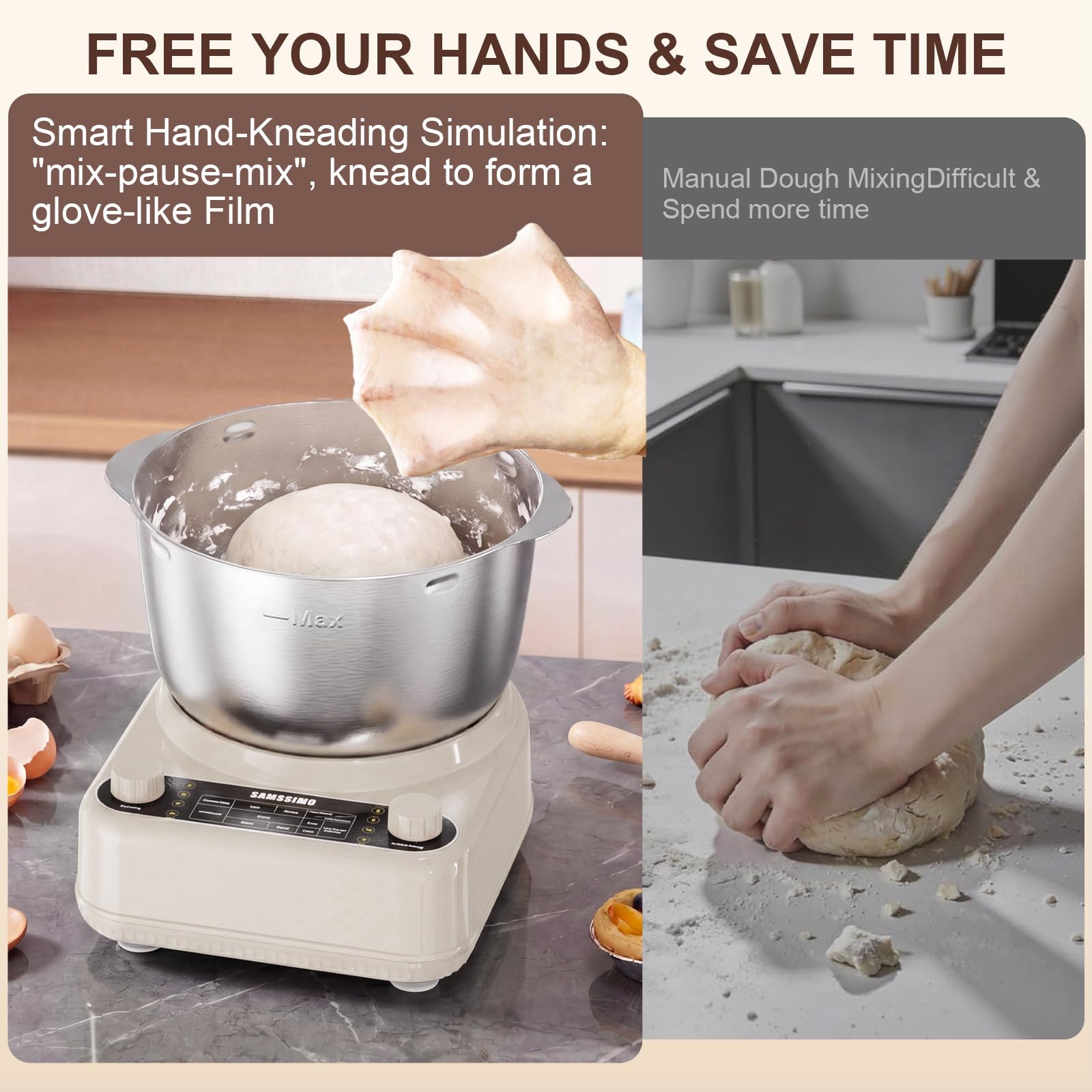 Electric Dough Maker with Ferment Function, 6.5QT Stand Dough Mixer, Dough Kneading Machine with 304 Stainless Steel Bowl, Removable Lid & Knob Control, Ideal for Bread, Pizza, Pasta