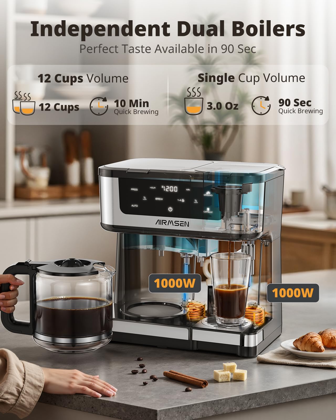 AIRMSEN 12-Cup Programmable Dual Coffee Maker – Single Serve Machine for K-Cup Pods & Ground, 1000W Fast Brew, Delay Start, 2H Keep Warm, Touchscreen, 60oz Tank, Glass Carafe – Home & Office