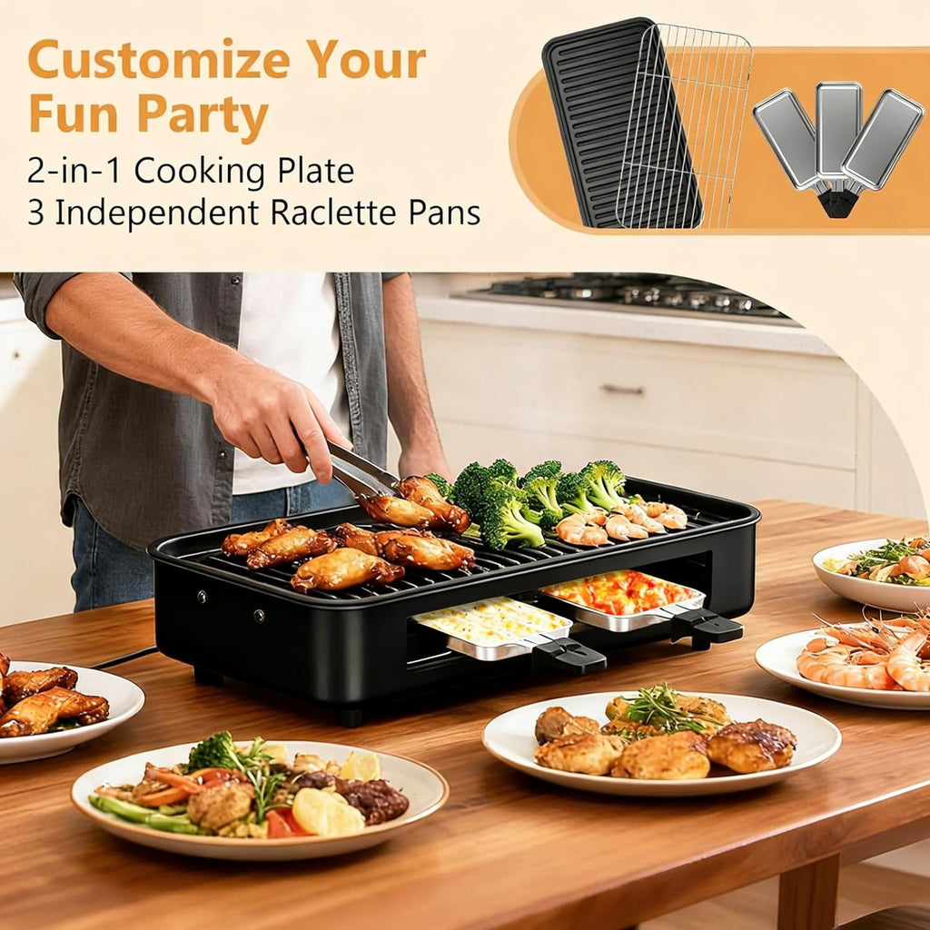 Electric Indoor Grill 1500W -2 in 1 Smokeless Indoor Grill for Kitchen with Non-stick Removable Grill & Griddle Plate,Temperature Control Korean BBQ Grill with 3 Cheese Pans Dishwasher Safe