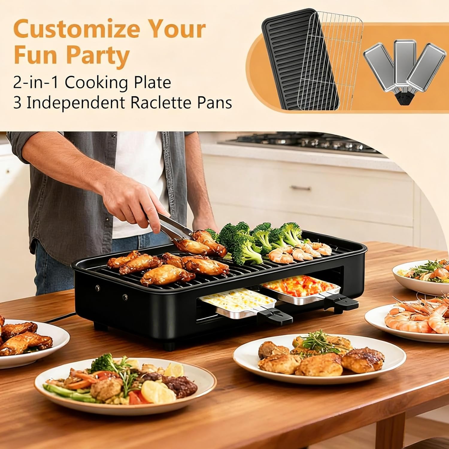 Electric Indoor Grill 1500W -2 in 1 Smokeless Indoor Grill for Kitchen with Non-stick Removable Grill & Griddle Plate,Temperature Control Korean BBQ Grill with 3 Cheese Pans Dishwasher Safe