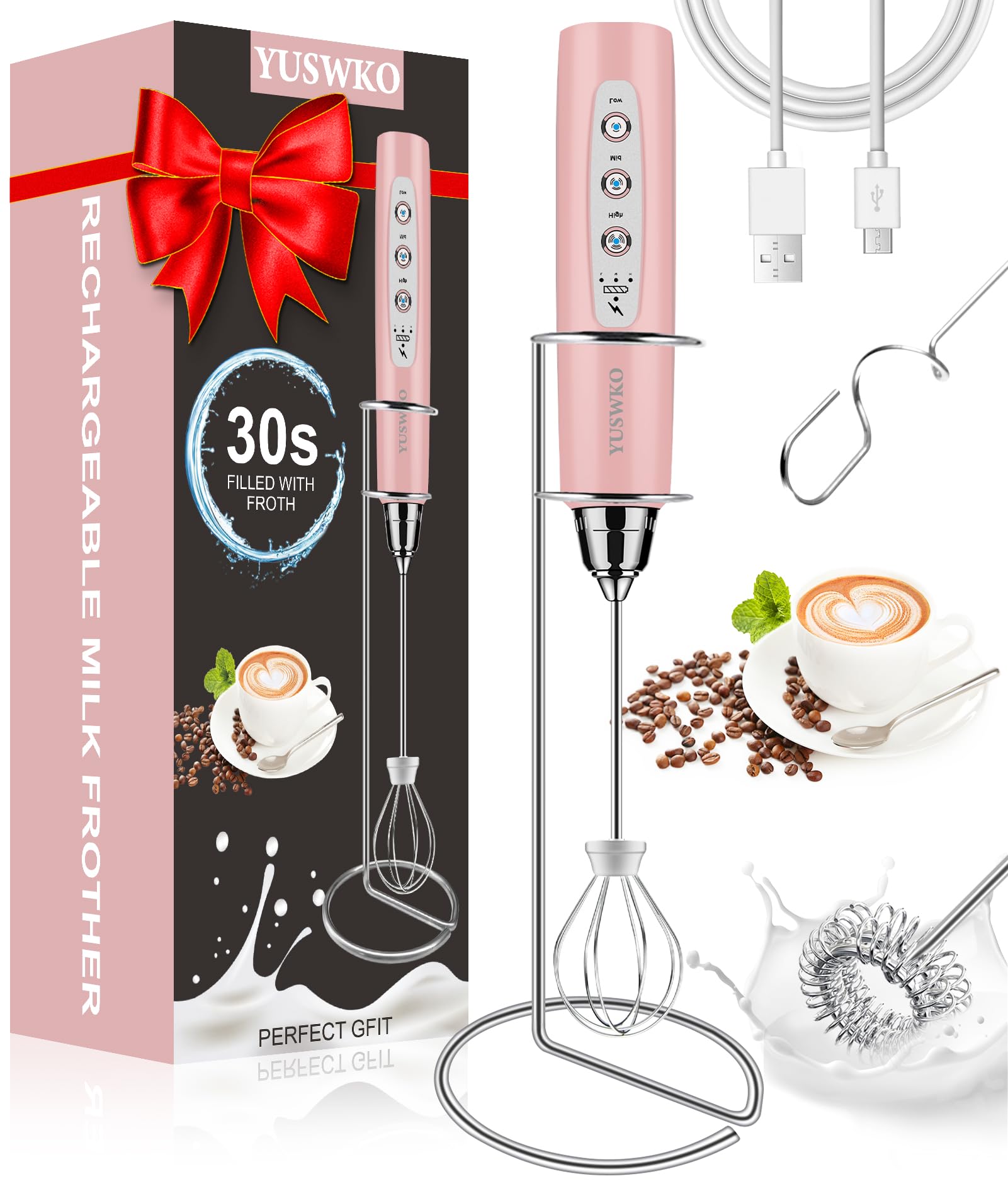 YUSWKO Rechargeable Handheld Milk Frother Wand for Coffee