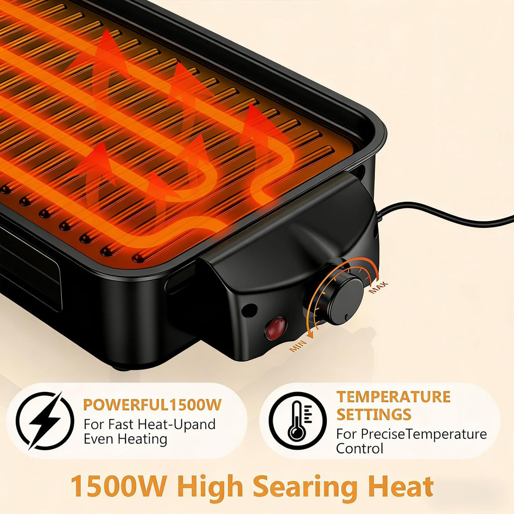 Electric Indoor Grill 1500W -2 in 1 Smokeless Indoor Grill for Kitchen with Non-stick Removable Grill & Griddle Plate,Temperature Control Korean BBQ Grill with 3 Cheese Pans Dishwasher Safe