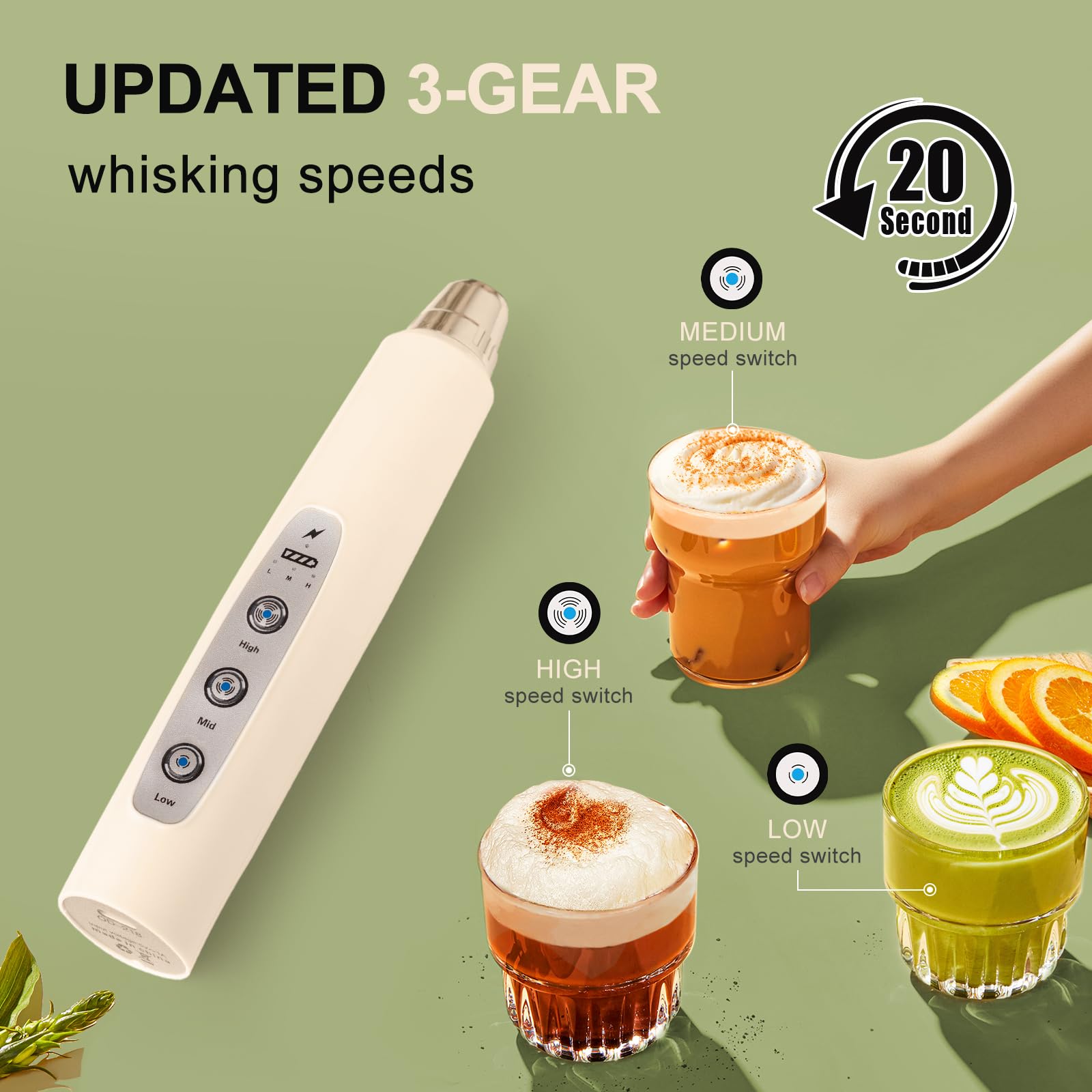 YUSWKO Rechargeable Handheld Milk Frother Wand for Coffee