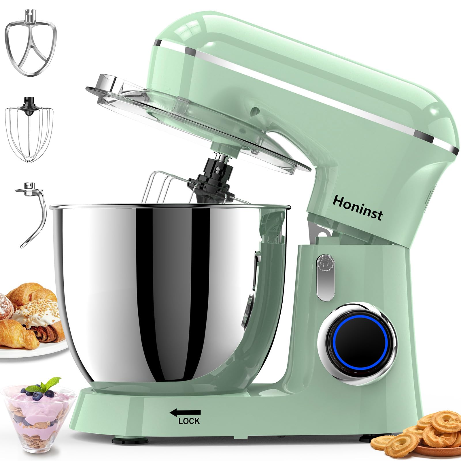 Honinst Stand Mixer, 6.5QT 10-Speed Tilt-Head Electric Stand Mixer, 3-In-1 Kitchen Mixer with Bowl, Dough Hook, Whisk and Beater, Food Mixer for Baking, Cake and Most Home Cooks,