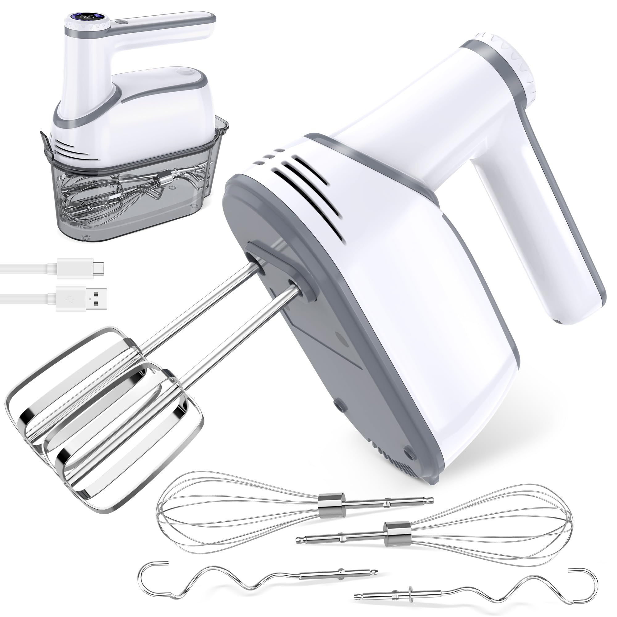 Cordless Hand Mixer, Rechargeable Electric Handheld Mixer with 6 x 304 Stainless Steel Attachments (2 Whisks, 2 Beaters, 2 Dough Hooks) & Storage Case, for Baking, Eggs, Cakes