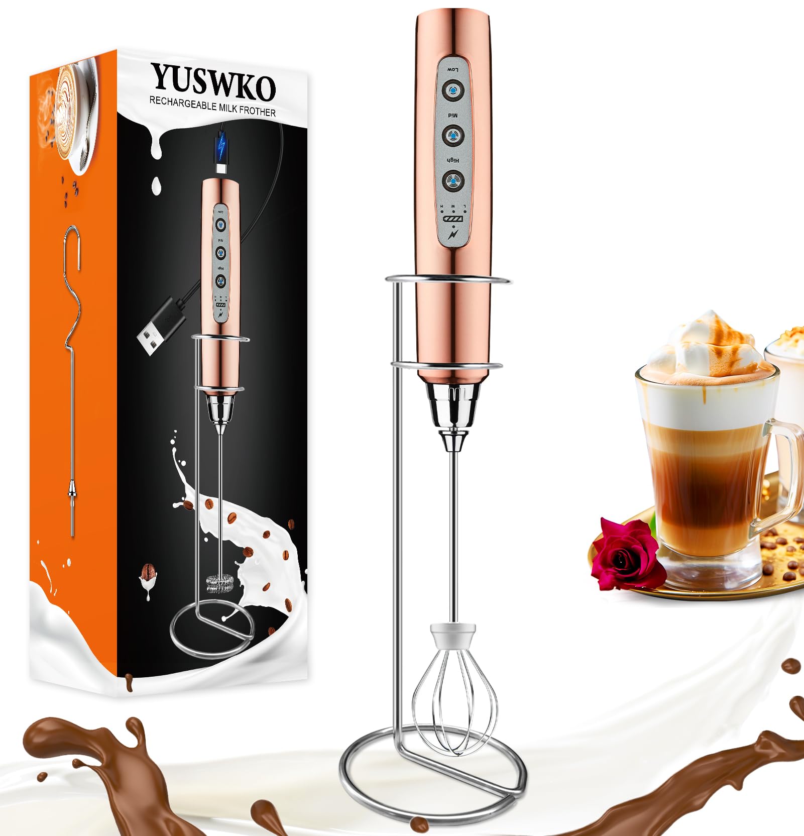 YUSWKO Rechargeable Handheld Milk Frother Wand for Coffee