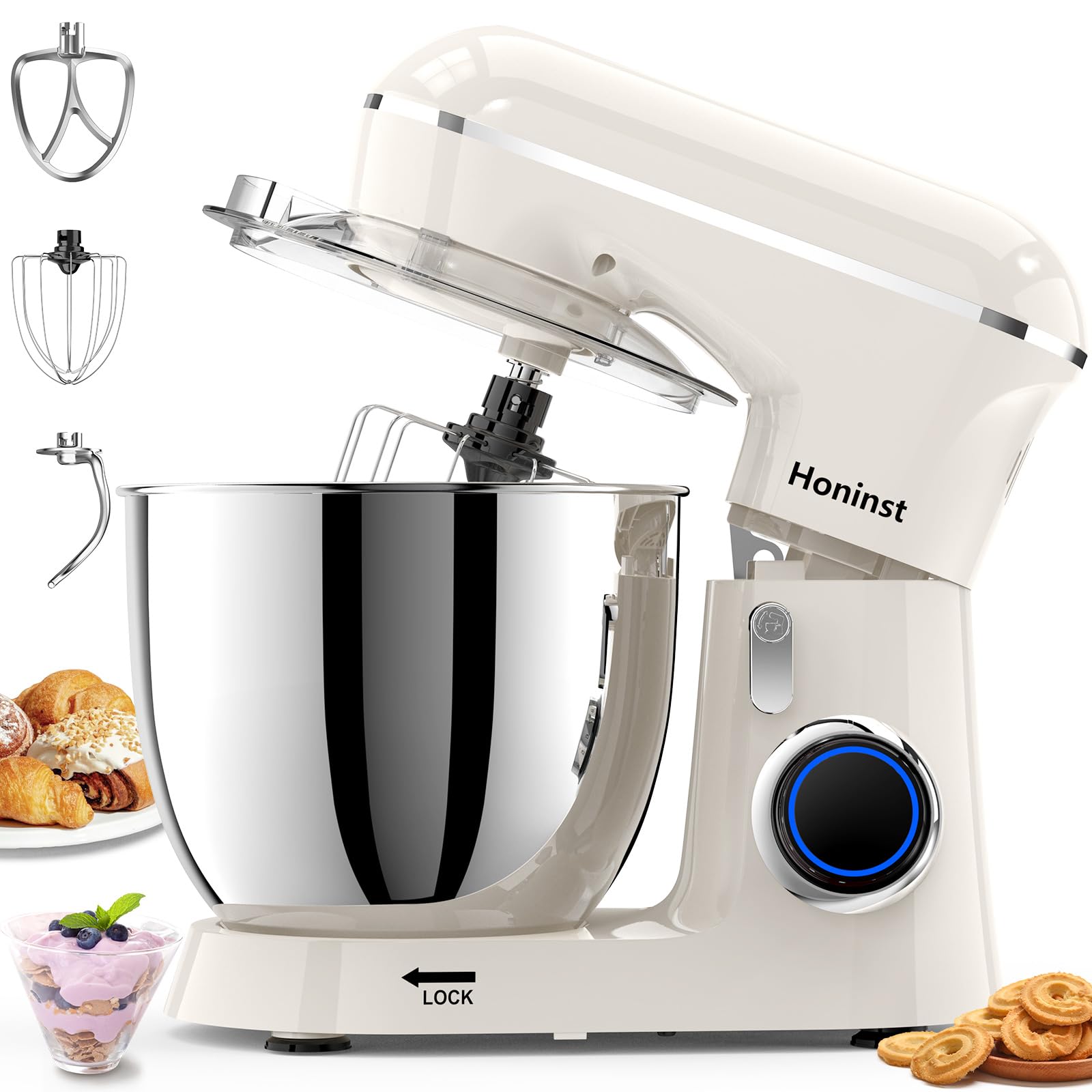 Honinst Stand Mixer, 6.5QT 10-Speed Tilt-Head Electric Stand Mixer, 3-In-1 Kitchen Mixer with Bowl, Dough Hook, Whisk and Beater, Food Mixer for Baking, Cake and Most Home Cooks,