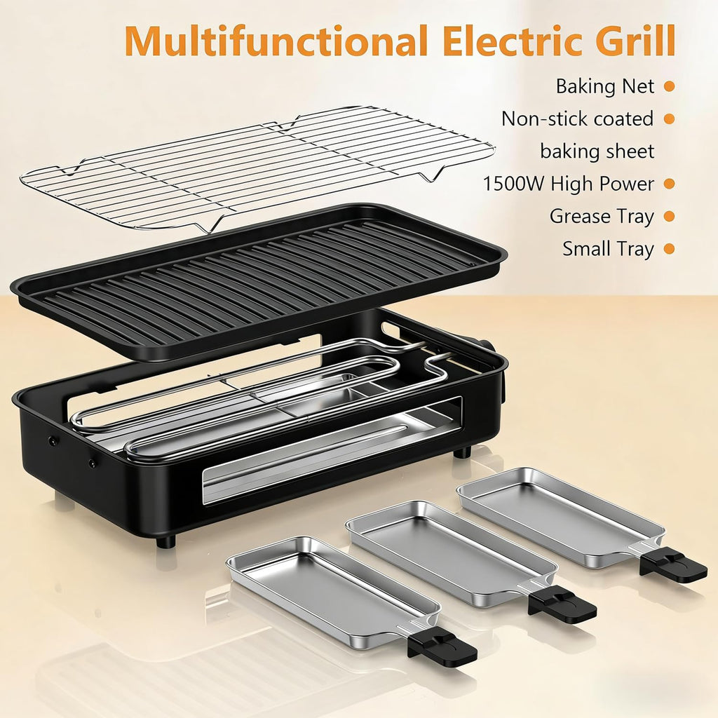 Electric Indoor Grill 1500W -2 in 1 Smokeless Indoor Grill for Kitchen with Non-stick Removable Grill & Griddle Plate,Temperature Control Korean BBQ Grill with 3 Cheese Pans Dishwasher Safe